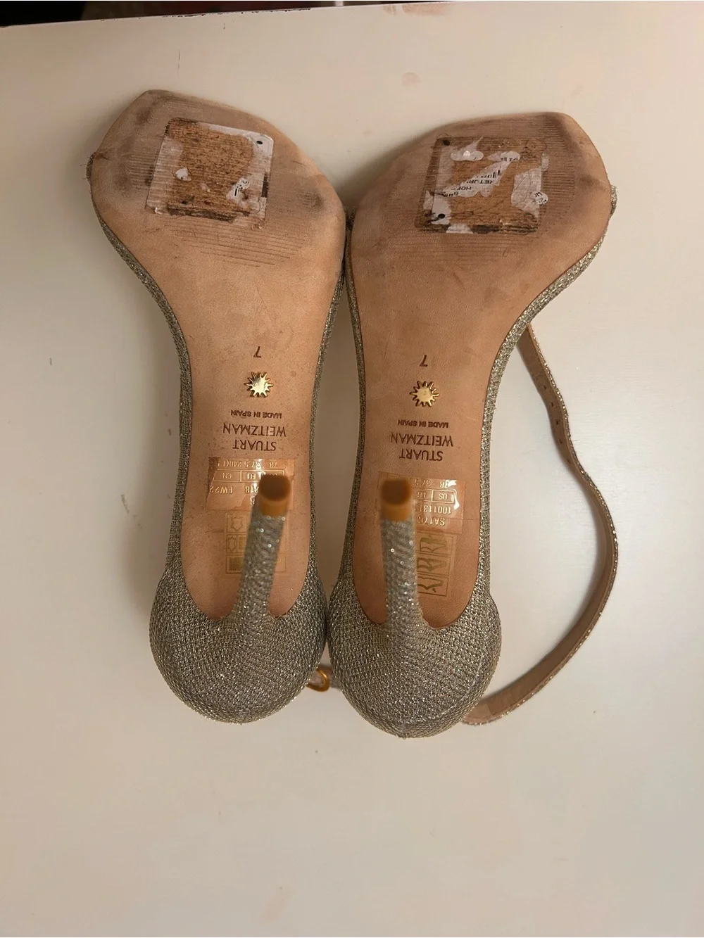 Stuart Weitzman Glitter Gold Ankle-Strap Heels
